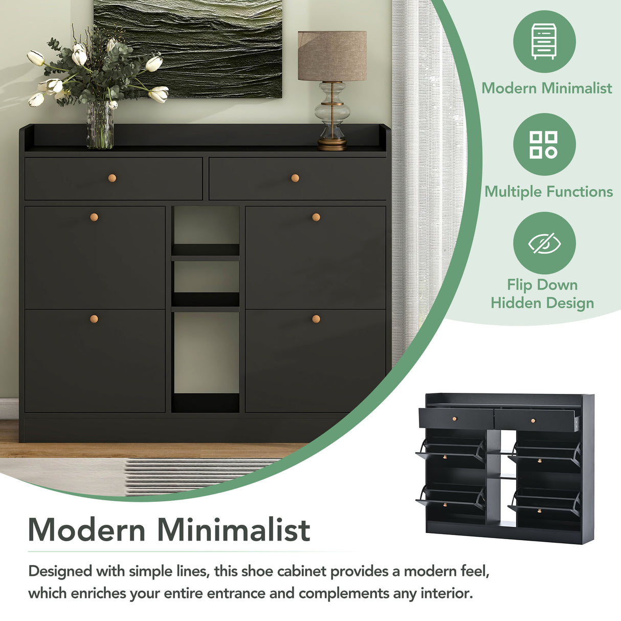 ONTREND modern shoe cabinet with 4 flipped drawers, multifunctional double-layer shoe storage with drawers, black. - V.I.P Digital Presence