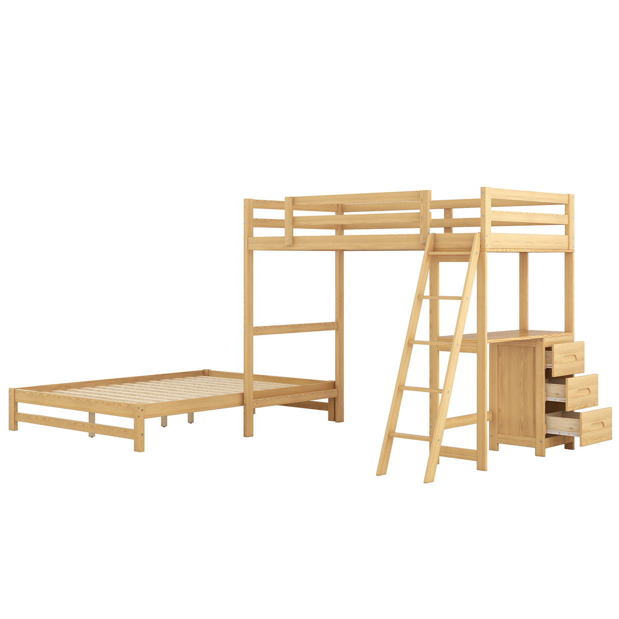 Twin over Full Bunk Bed with Built-in Desk and Three Drawers Natural