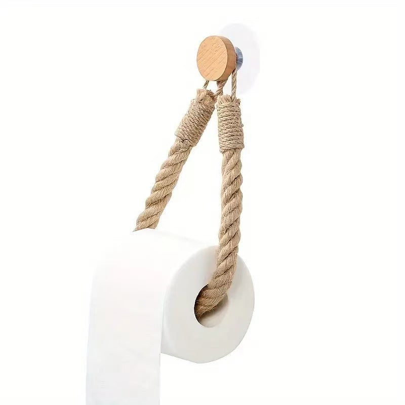 Wooden Hook Seamless Adhesive No Drilling Handmade Woven Hemp Rope Towel Rack Tissue Holder Bathroom Toilet - V.I.P Digital Presence