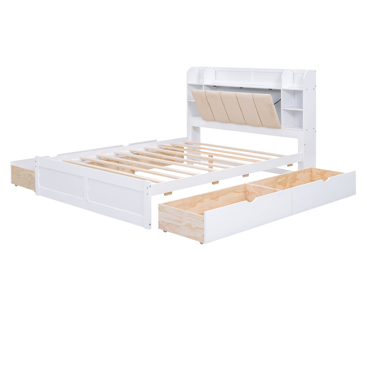 Wood Queen Size Platform Bed with Storage Headboard Shelves and 4 Drawers White
