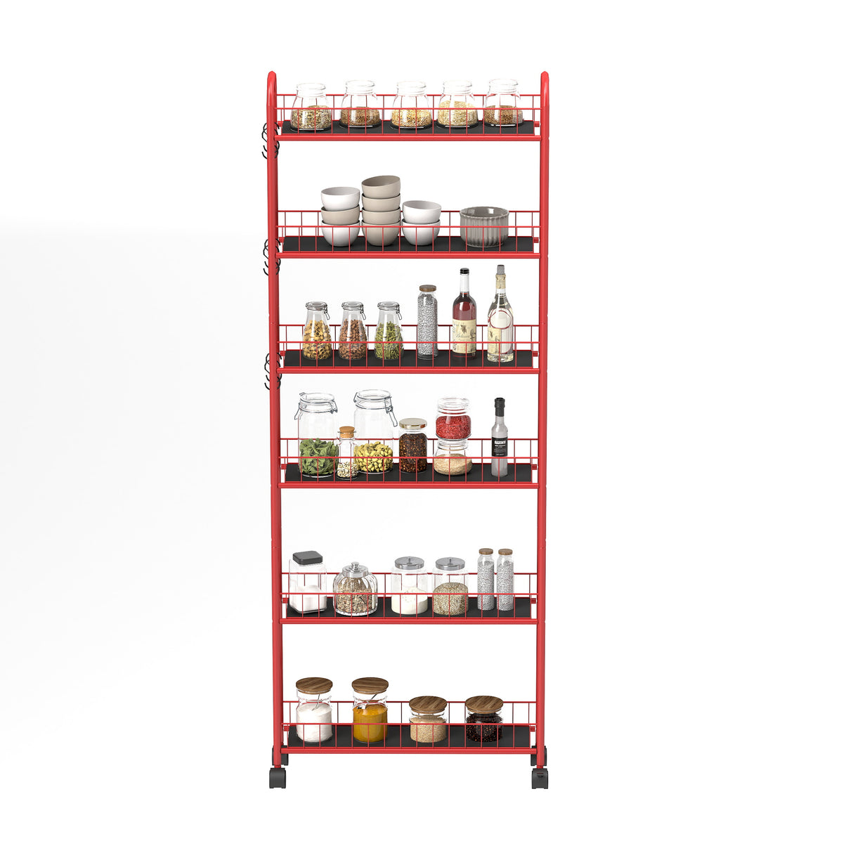 Red 6-story rolling cart gap kitchen ultra-thin sliding out storage tower shelf with wheels, 6 baskets - V.I.P Digital Presence