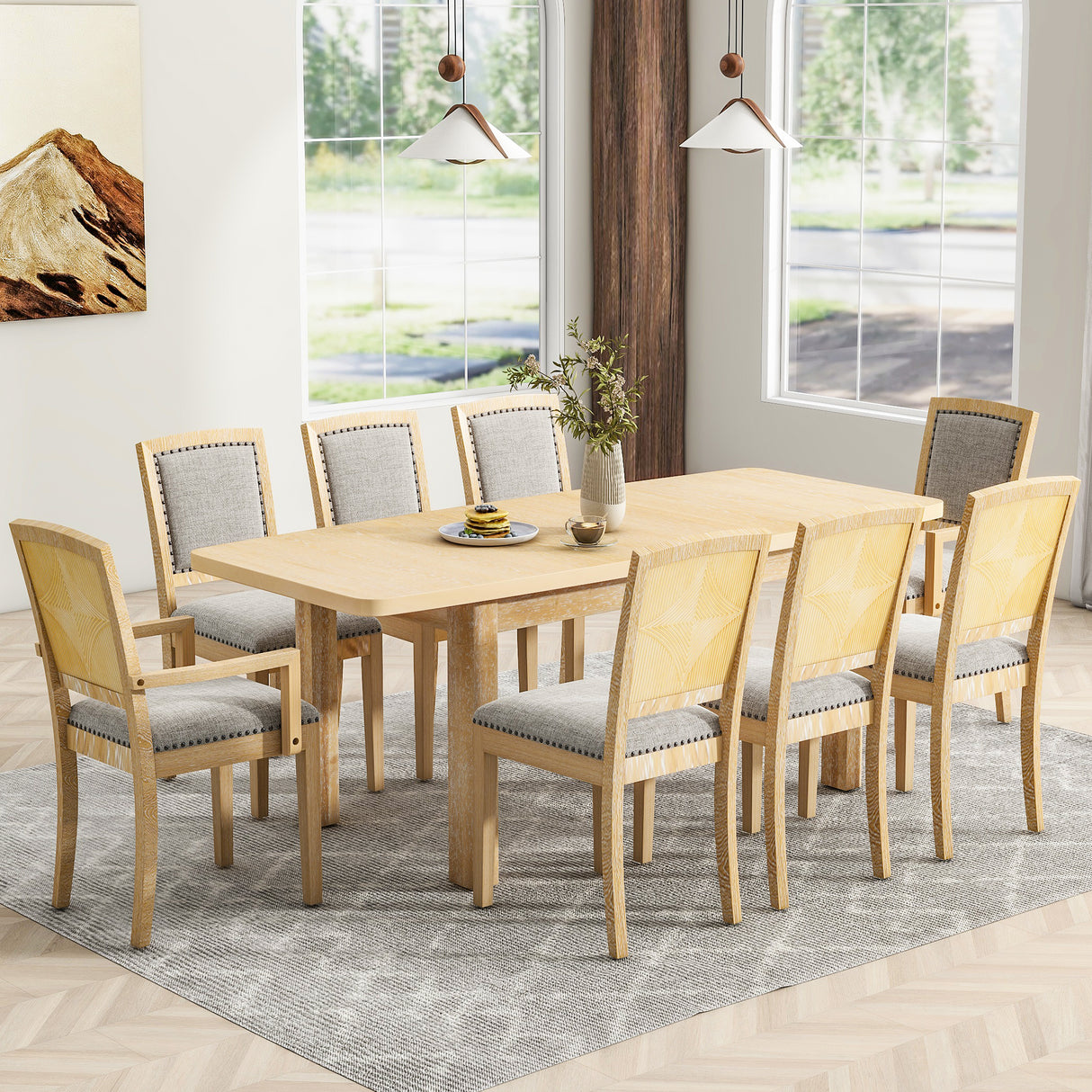 TOPMAX expandable 84 inch dining table set with 24 inch detachable leaves, 6 armless chairs and 2 armchairs 9 pieces natural