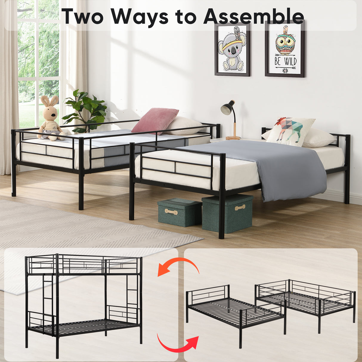 Double decker bed, size above twin bed, with 2 ladders and full-length guardrail, metal, storage space, black - V.I.P Digital Presence