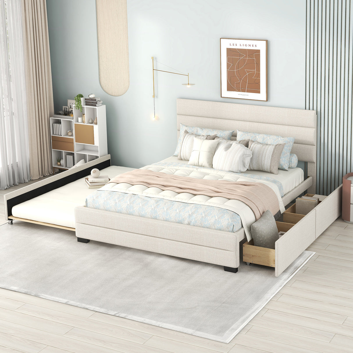 Queen Upholstered Platform Bed with Twin Size Trundle and Two Drawers Beige