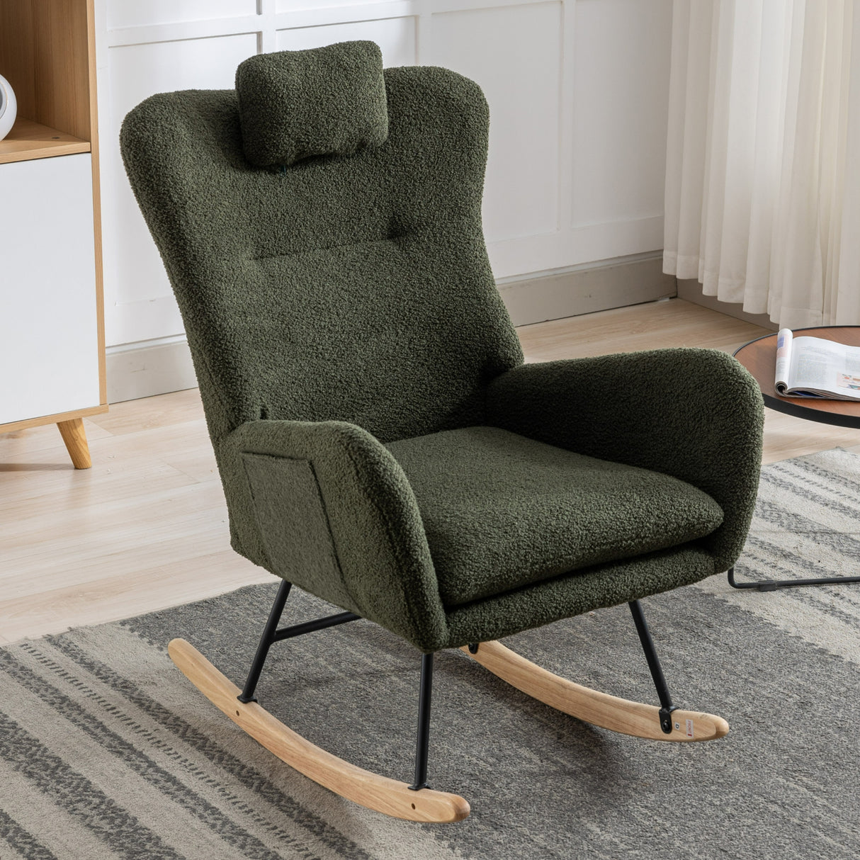 35.5-inch soft Teddy fabric rocking chair with pockets, comfortable wing straps, secure solid wood base (dark green)