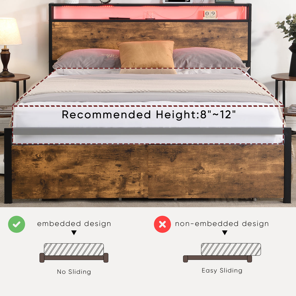Large bed frame with storage headboard and 2 drawers, LED light bed, charging station, metal platform bed - V.I.P Digital Presence