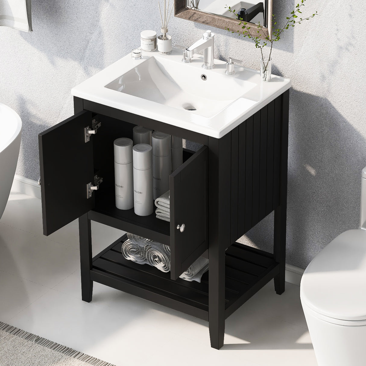 24" Black Modern Sleek Bathroom Vanity Elegant Ceramic Sink with Solid Wood Frame Open Style Shelf - V.I.P Digital Presence