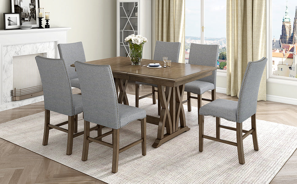 TOPMAX Mid Century Solid Wood 7-Piece Expandable Dining Table Set with Soft Cushioned Chair, Gold Brown+Gray Cushions