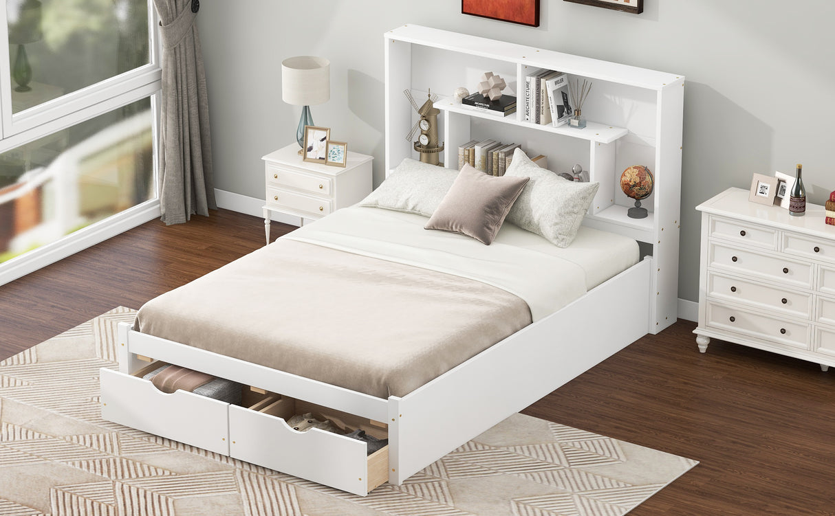 Full Size Platform Bed with Storage Headboard and 2 Drawers, White - V.I.P Digital Presence