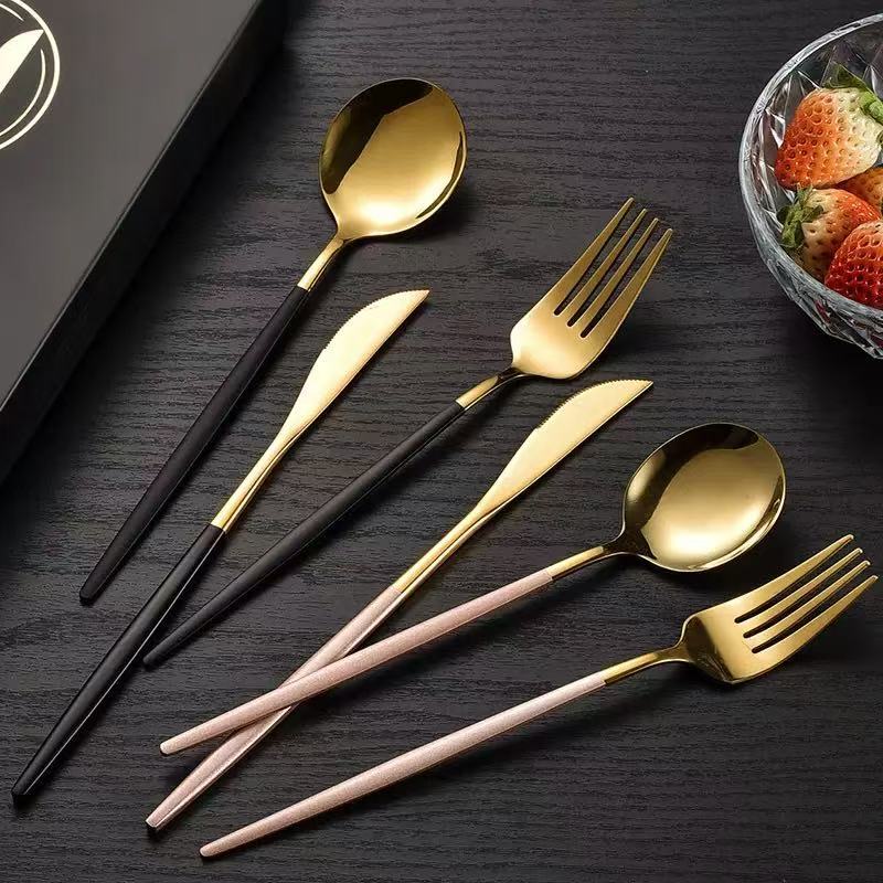 Stainless Steel Cutlery Set with Portuguese Gold Spray Painted Steak Knife, Fork, Spoon, and Tea Spoon 4-Piece Gift Pack - V.I.P Digital Presence