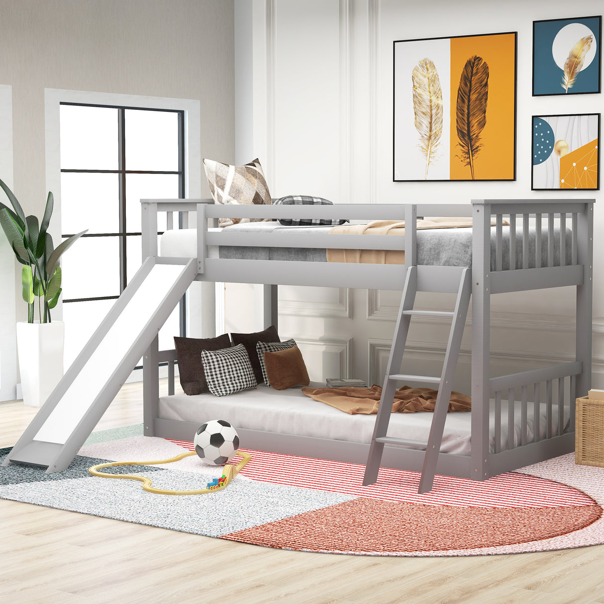Twin over Twin Bunk Bed with Convertible Slide and Ladder Gray