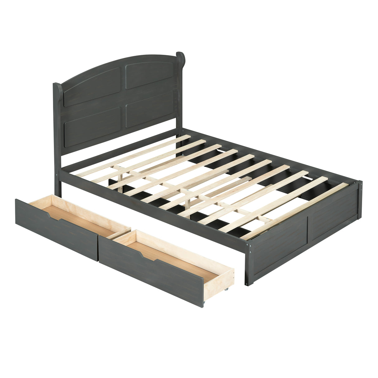 Wood Queen Size Platform Bed with Twin Size Trundle and 2 Drawers Antique Gray