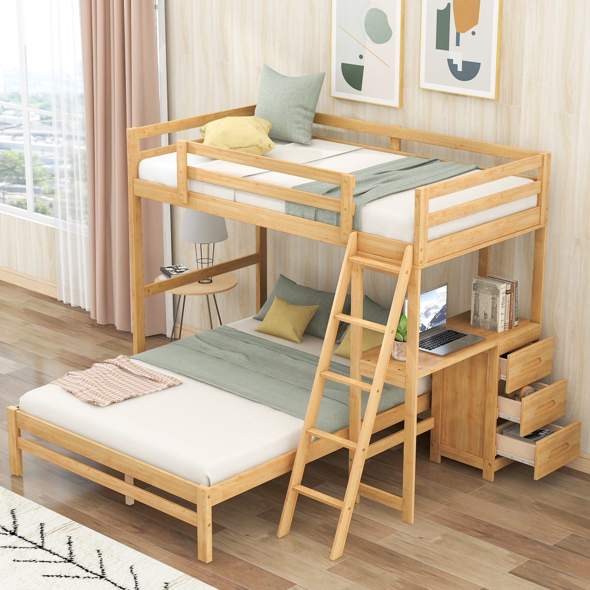 Twin over Full Bunk Bed with Built-in Desk and Three Drawers Natural