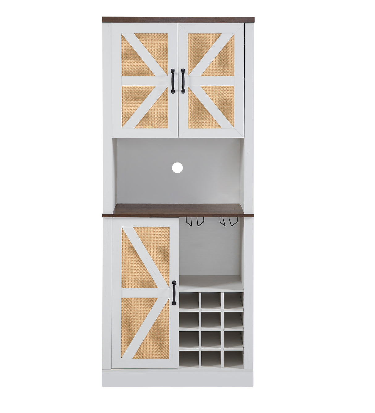 76 Inch Tall Farmhouse Kitchen Faux Rattan Wine Cabinet, Kitchen Bar Cabinet with Square Compartments and Shelves - V.I.P Digital Presence