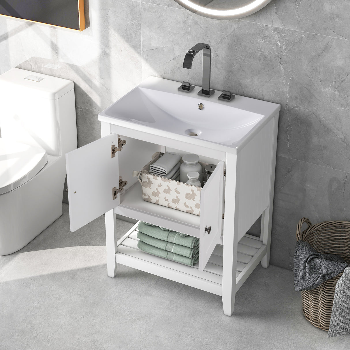 24" White Modern Sleek Bathroom Vanity Elegant Ceramic Sink with Solid Wood Frame Open Style Shelf - V.I.P Digital Presence