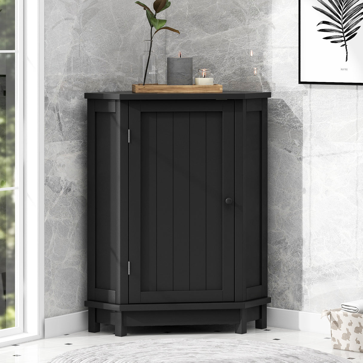 Black Bathroom Cabinet Triangle Corner Storage Cabinet with Adjustable Shelf Modern Style MDF Board - V.I.P Digital Presence