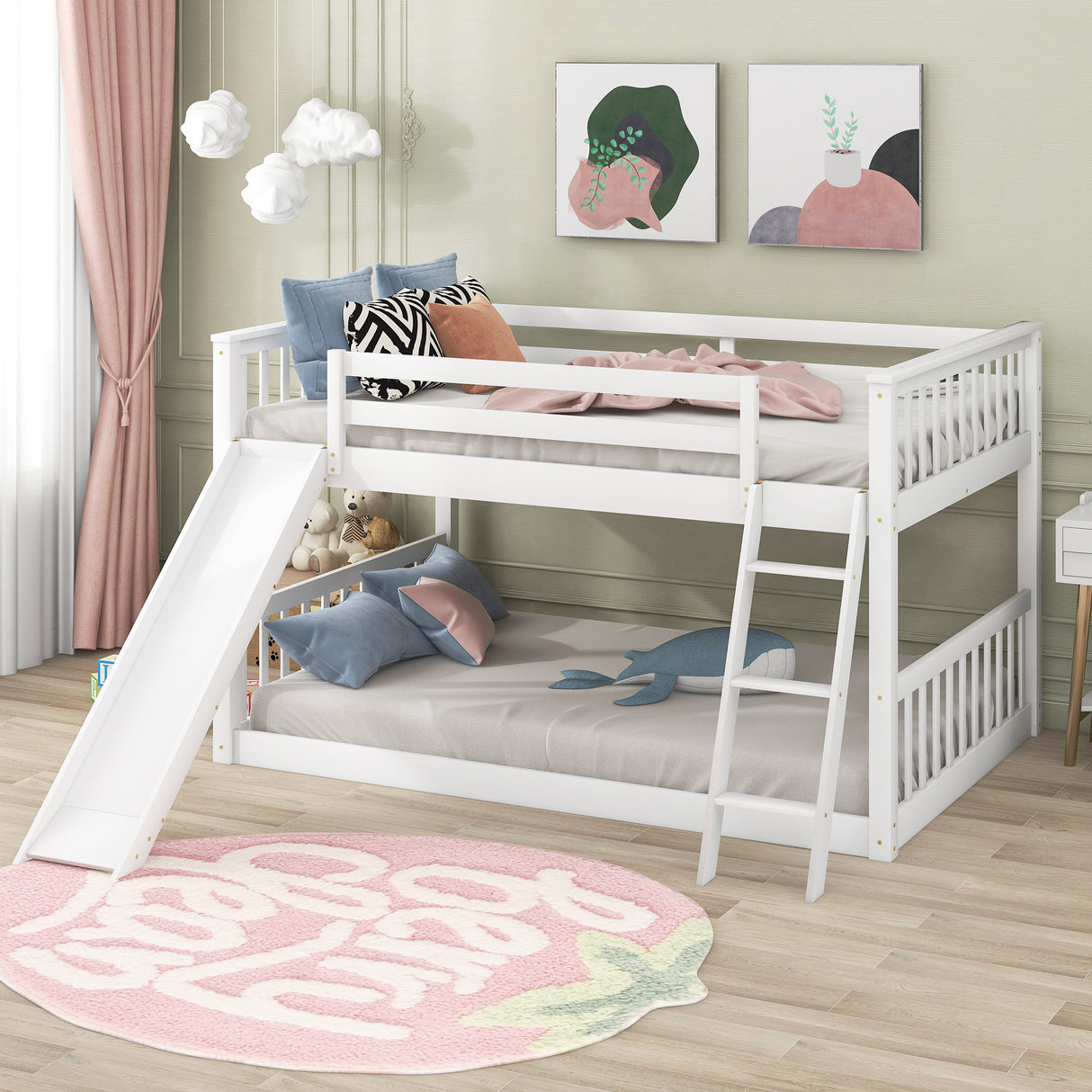 Full over Full Bunk Bed with Convertible Slide and Ladder White
