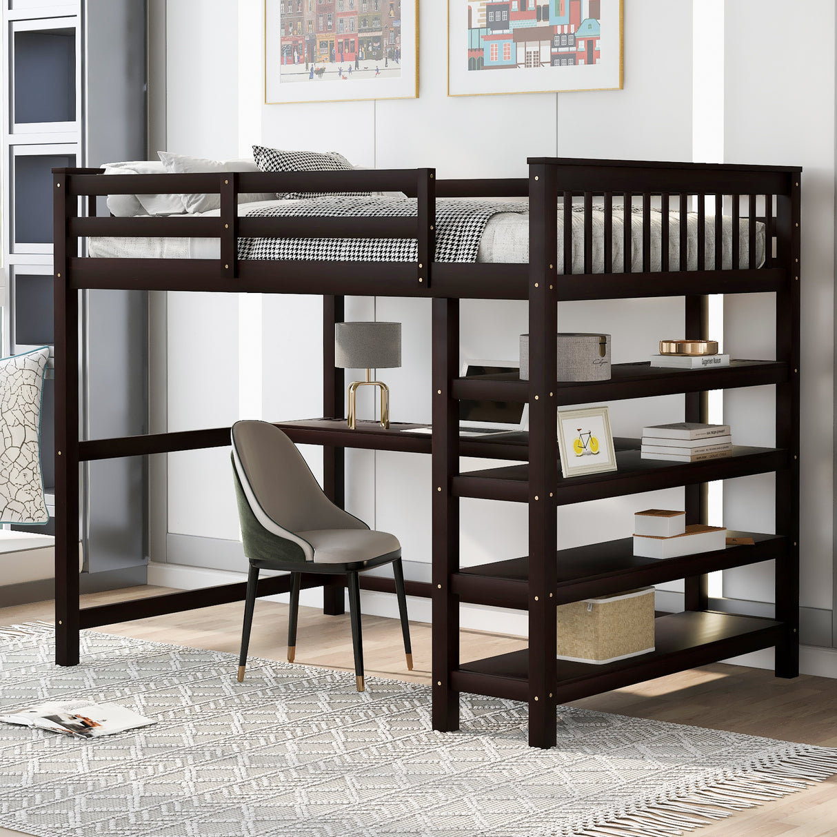 Full Size Loft Bed with Storage Shelves and Under-bed Desk Espresso