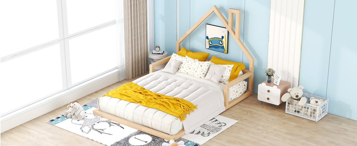 Full Size Wood Floor Bed with House-shaped Headboard Natural