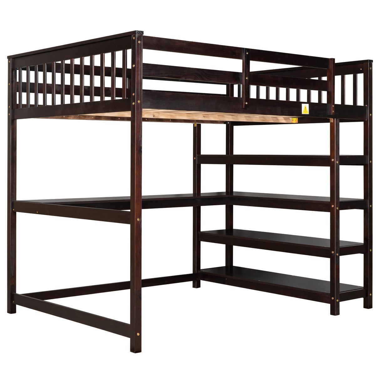 Full Size Loft Bed with Storage Shelves and Under-bed Desk Espresso
