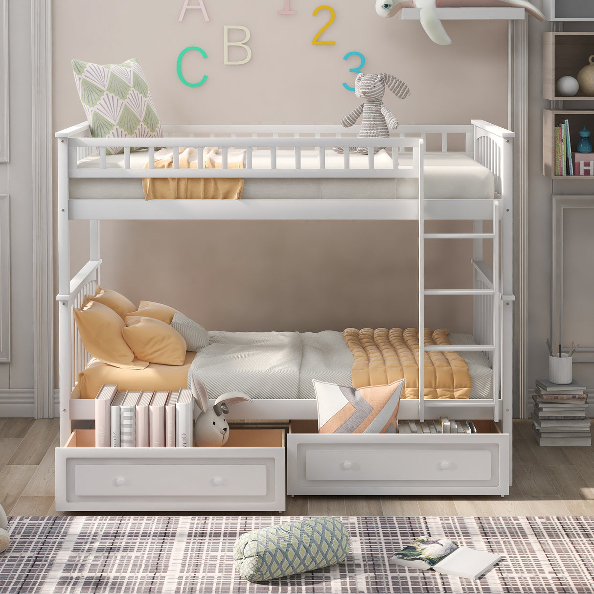 Twin over Twin Bunk Bed with Drawers Convertible Beds White
