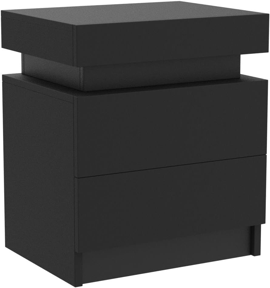 Modern Black LED Nightstand with Led Lights Bedside table with 2 High Gloss Drawers for Bedroom - V.I.P Digital Presence