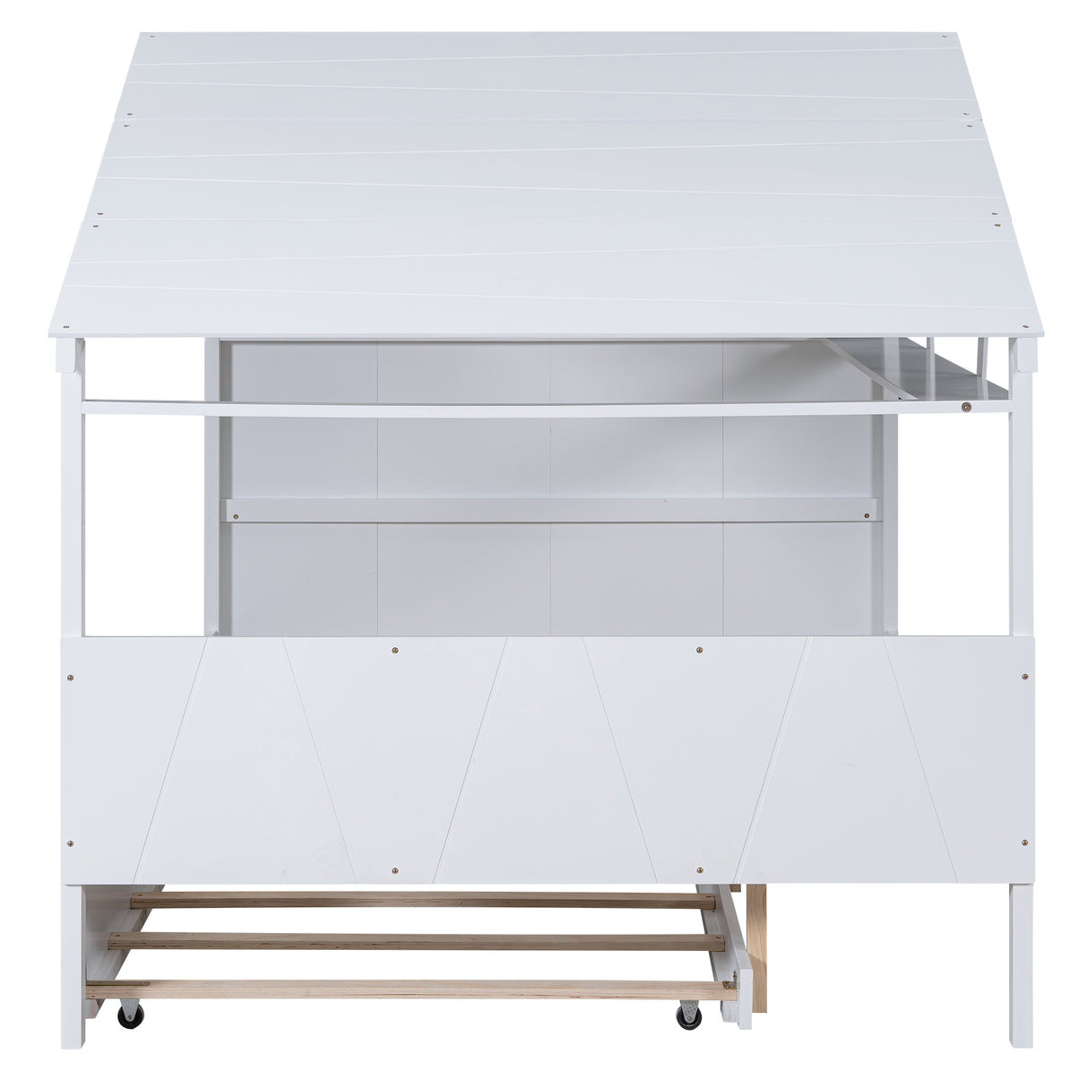 Wood Full Size House Bed with Twin Size Trundle and Storage White