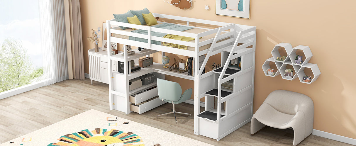 Twin Size Loft Bed with Desk and Shelves Two Built-in Drawers Storage Staircase White