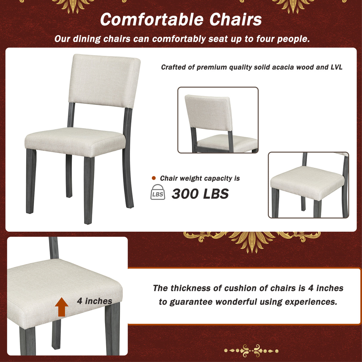 TREXM Five Piece Retro Round Dining Table Set with Curved Brackets and 4 Restaurant Cushioned Chairs (Dark Gray)