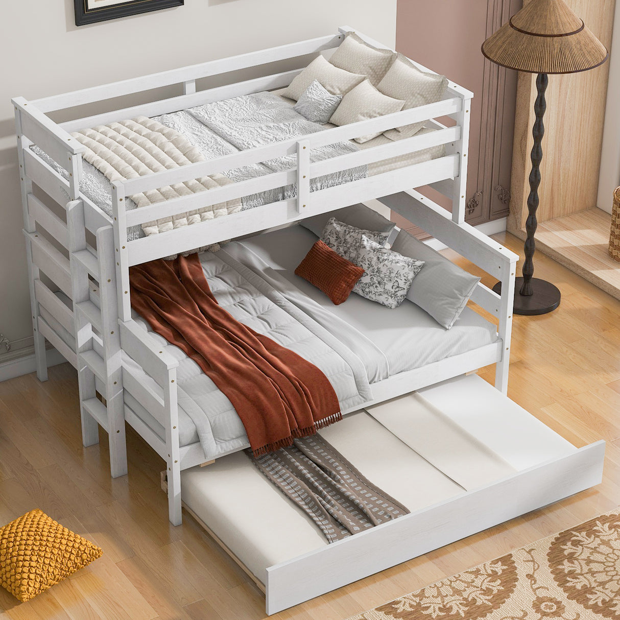 Wood Twin over Full Bunk Bed with Twin Size Trundle White