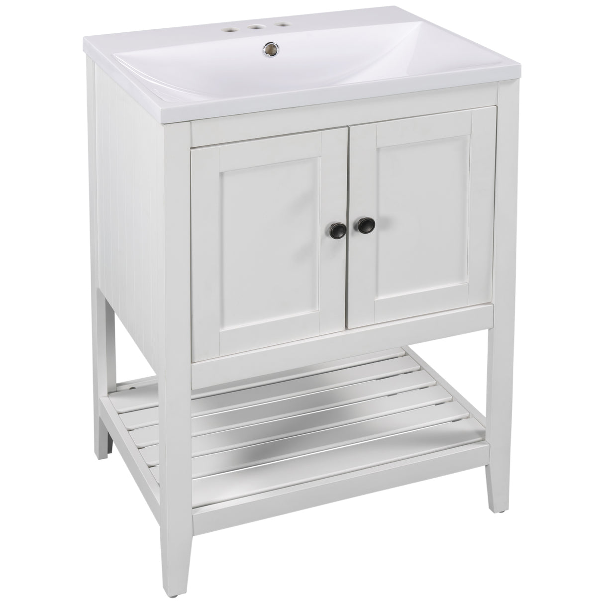 24" White Modern Sleek Bathroom Vanity Elegant Ceramic Sink with Solid Wood Frame Open Style Shelf - V.I.P Digital Presence