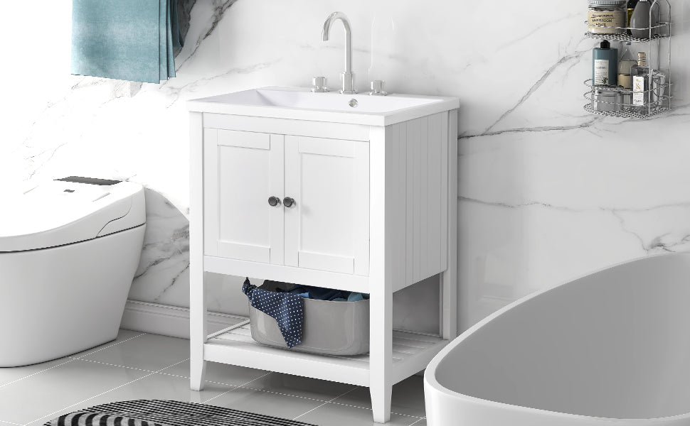 24" White Modern Sleek Bathroom Vanity Elegant Ceramic Sink with Solid Wood Frame Open Style Shelf - V.I.P Digital Presence