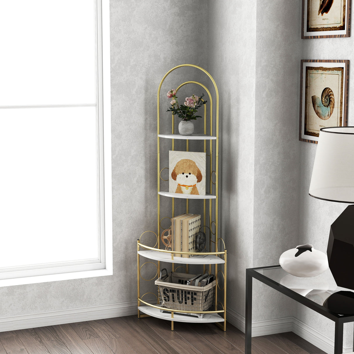 Gold 4-Tier Corner Bookshelf, Modern Style, Plant Stand with Metal Frame - V.I.P Digital Presence