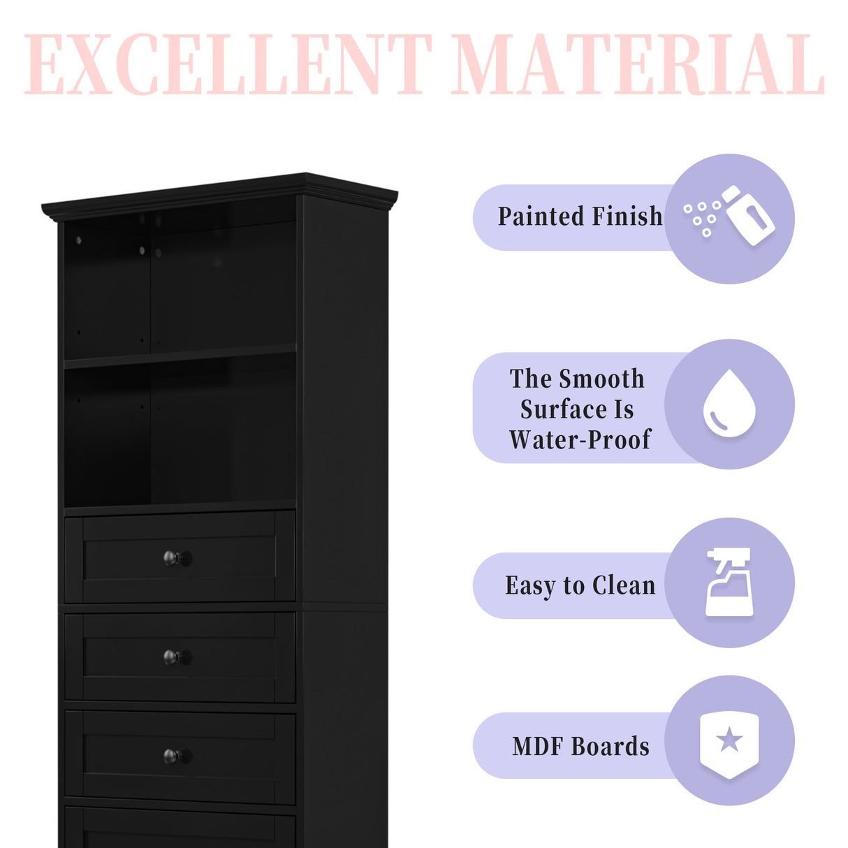 Black high storage cabinet with 3 drawers and adjustable shelves, MDF board painted - V.I.P Digital Presence