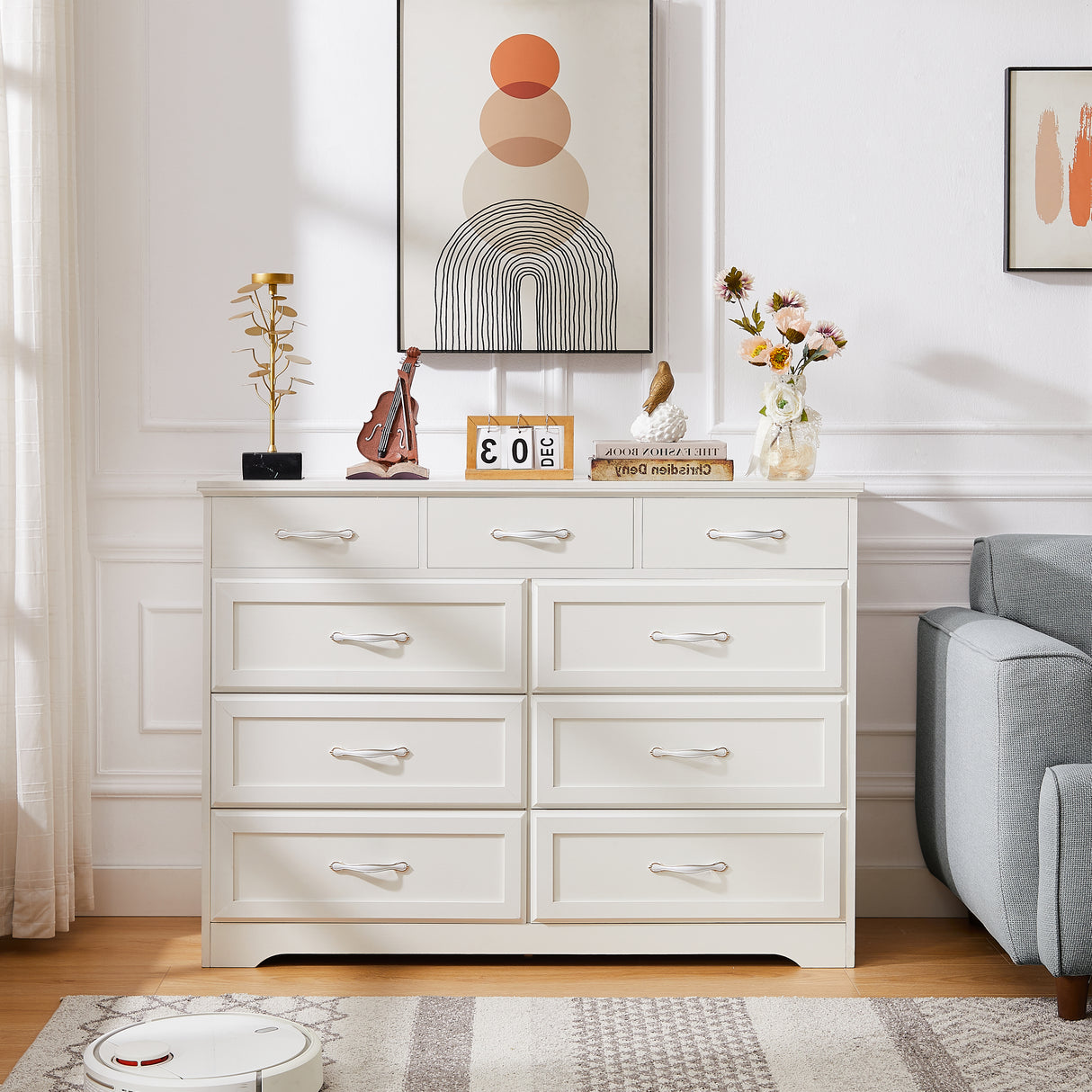 Bedroom dresser 9 drawer long dresser with antique handles wood chest of drawers for kids room 47.56''W x 15.75''D x 34.45''H