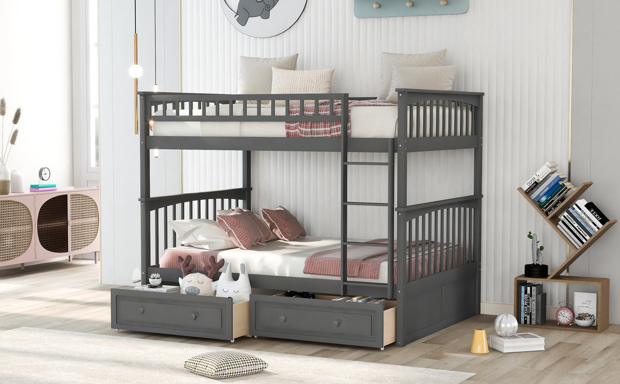 Full over Full Bunk Bed with Drawers, Convertible Beds Gray