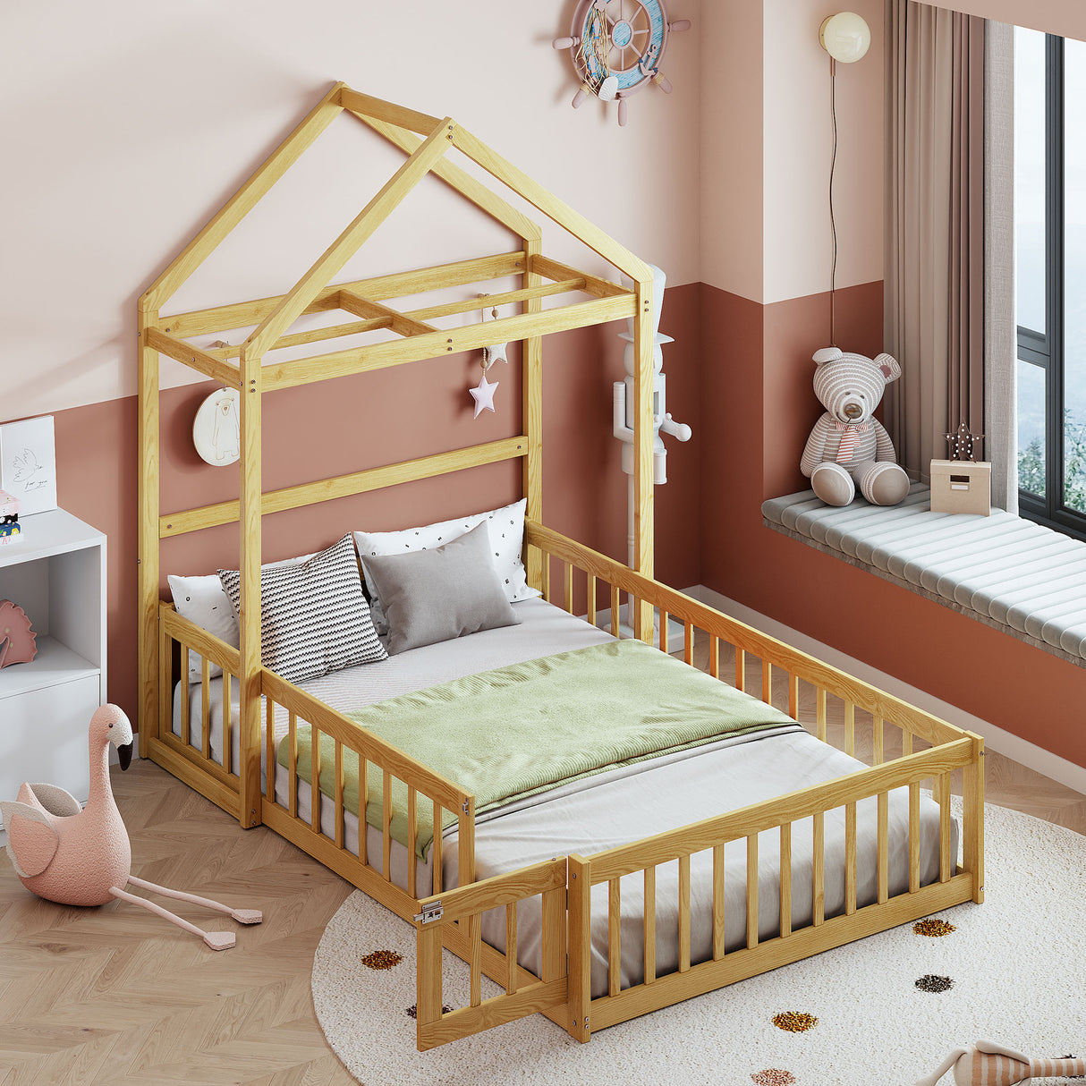 Wooden Full Size Children's Bed with Detachable Headboard and Integrated Clothes Drying Rack, Natural - V.I.P Digital Presence