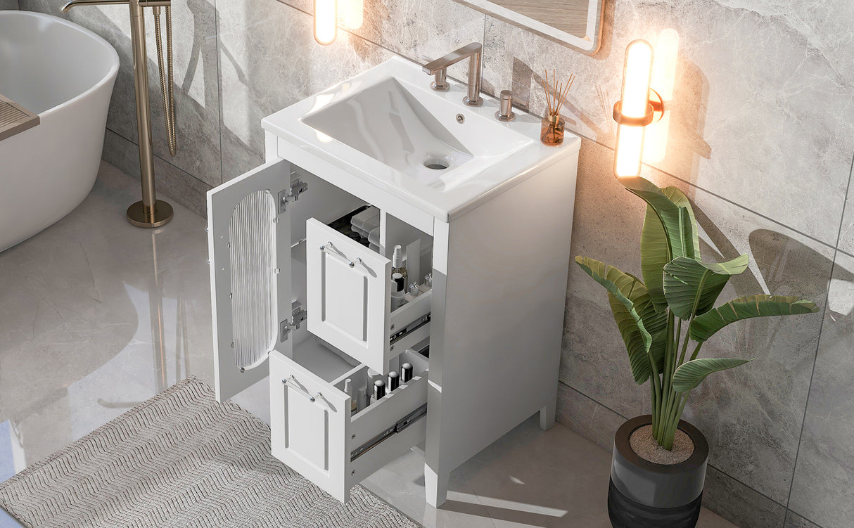 24" Bathroom Vanity with Sink, Bathroom Vanity Cabinet with Two Drawers and Door, Adjustable Shelf, Solid Wood and MDF, White - V.I.P Digital Presence