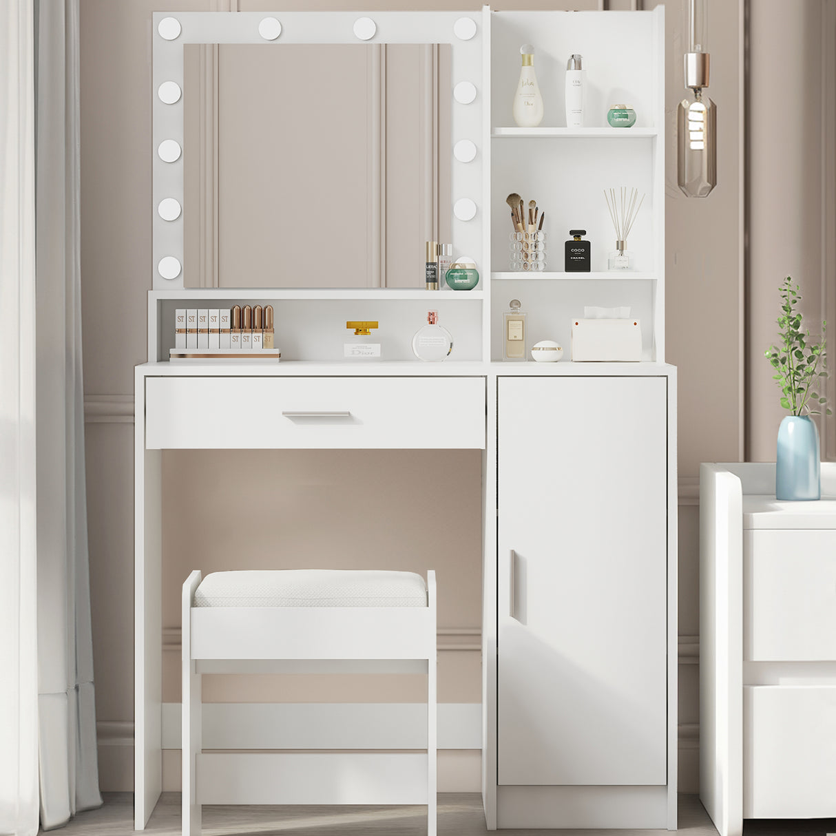 Large drawer with mirror and light, three-layer storage vanity, adjustable brightness for 3 lighting modes (white with stool) - V.I.P Digital Presence