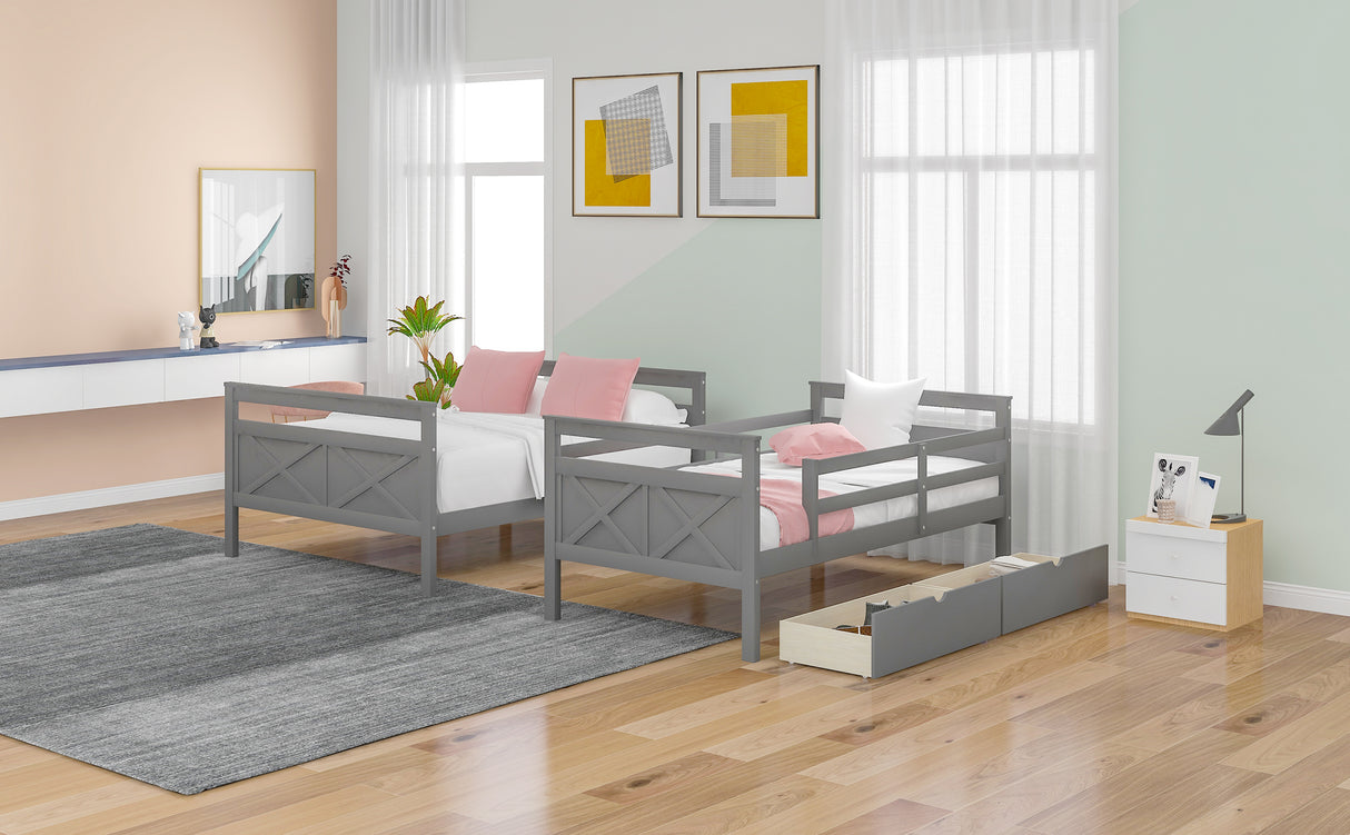 Twin over Full Bunk Bed with Ladder Two Storage Drawers Safety Guardrail Gray