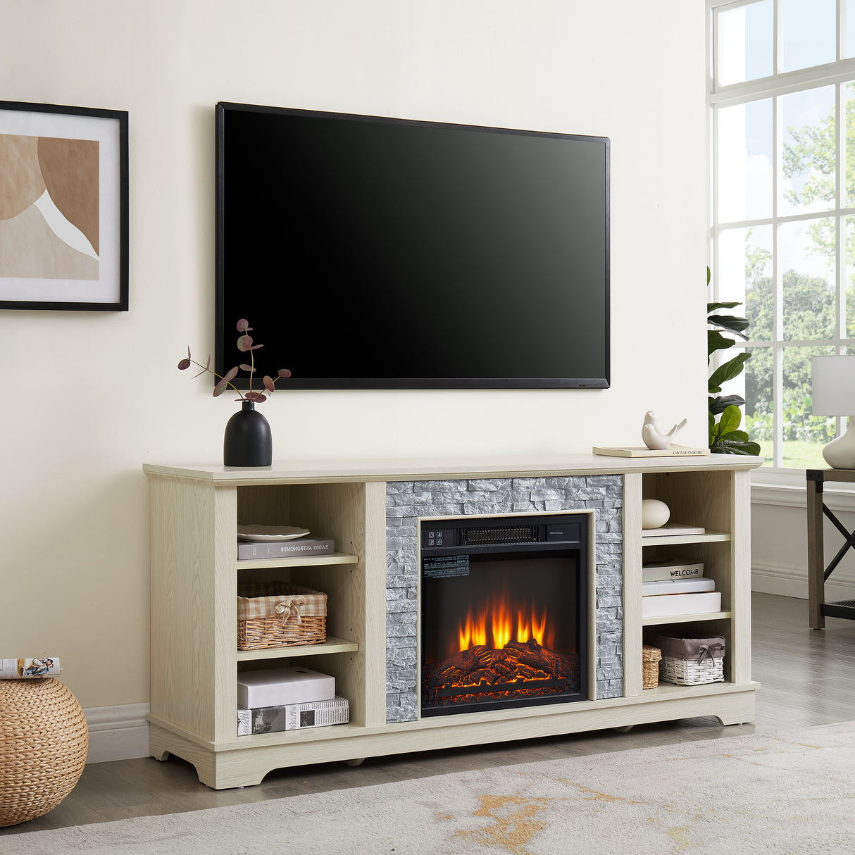 Mantel electric fireplace stone TV media stand, open storage console space, with 18 inch fireplace insert, white - V.I.P Digital Presence