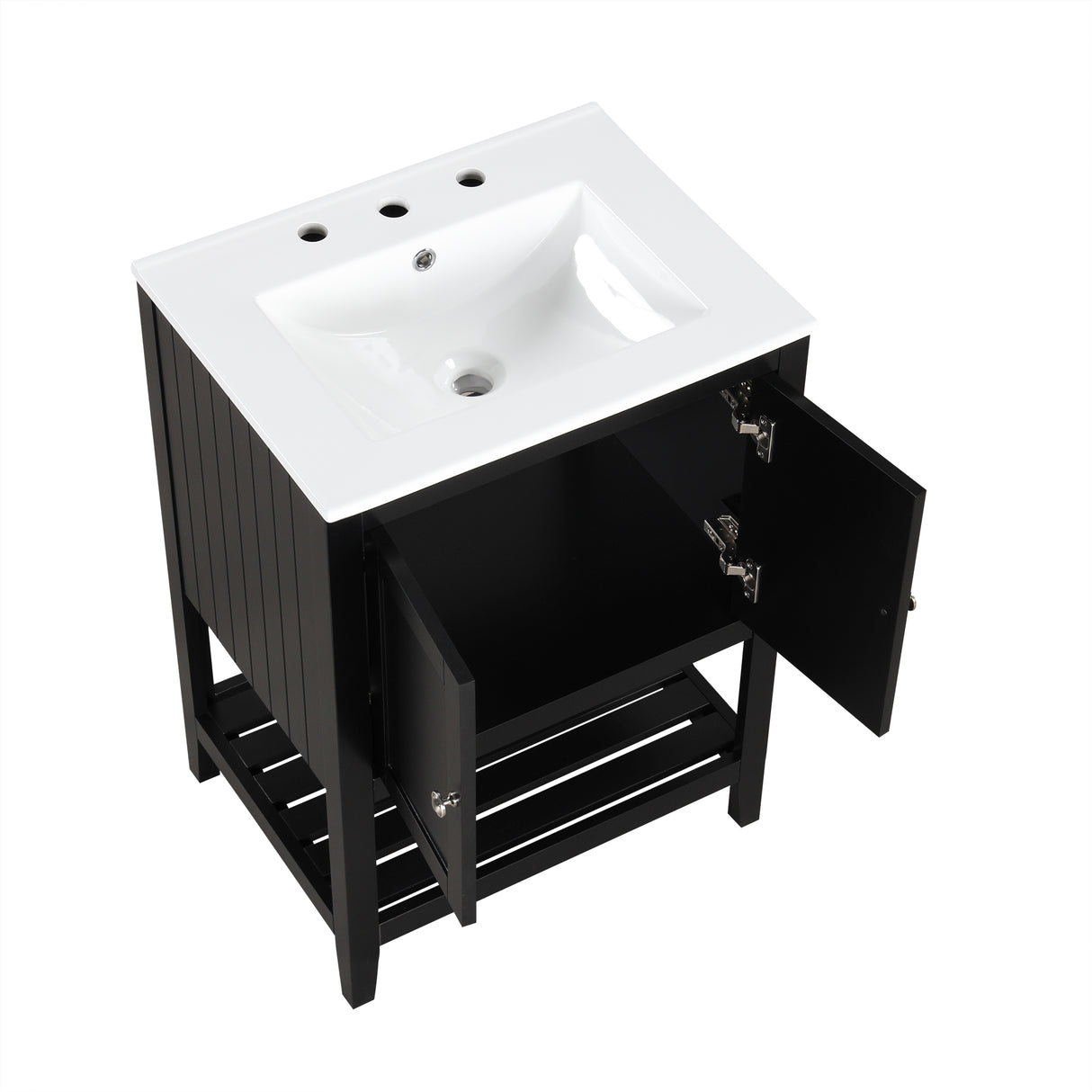 24" Black Modern Sleek Bathroom Vanity Elegant Ceramic Sink with Solid Wood Frame Open Style Shelf - V.I.P Digital Presence