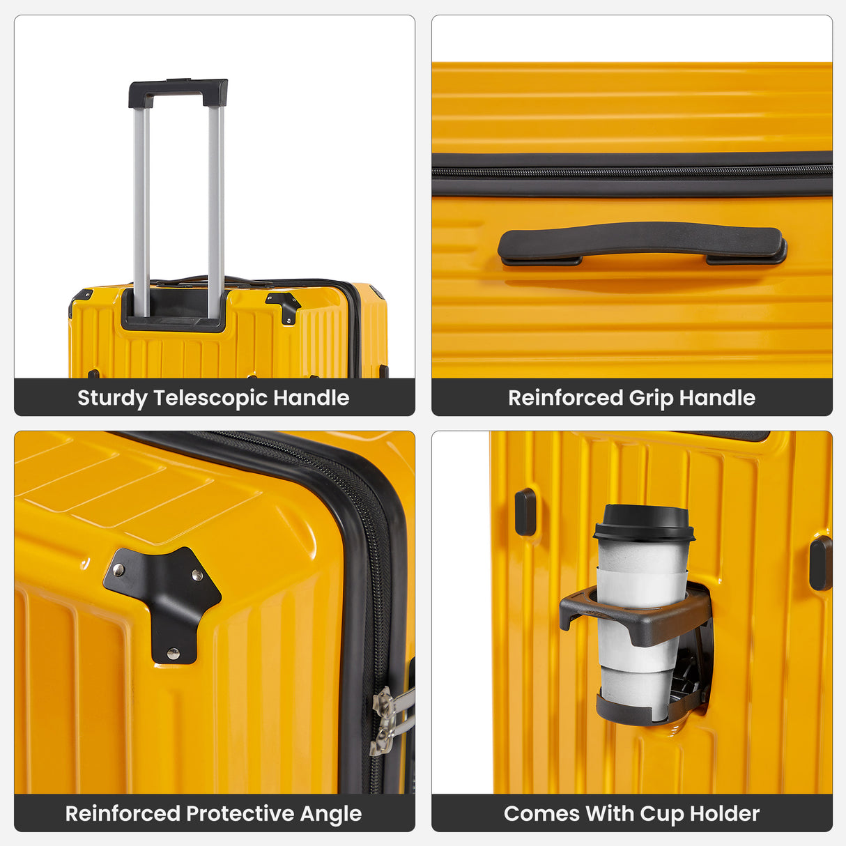 Luggage Set 4 pcs (20"/24"/29"/Travel Bag), PC+ABS Durable Lightweight Luggage with Collapsible Cup Holder TSA Lock, Yellow