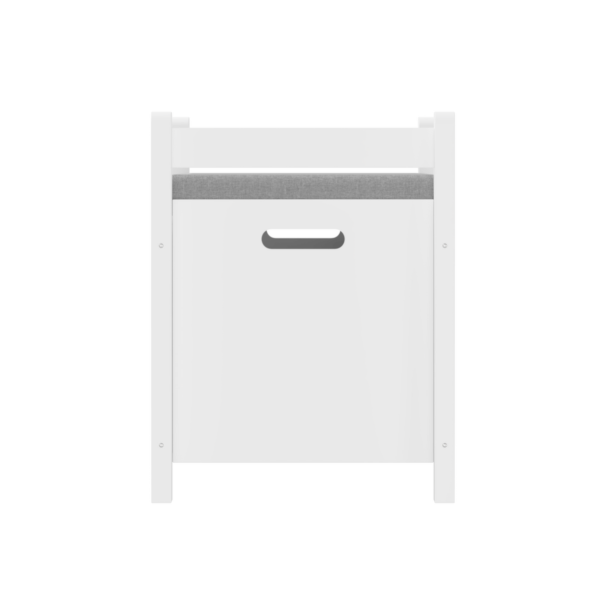 A white rubber wood children's toy box with soft cushioned seats, stools, flip covers, and safety hinges for toy storage