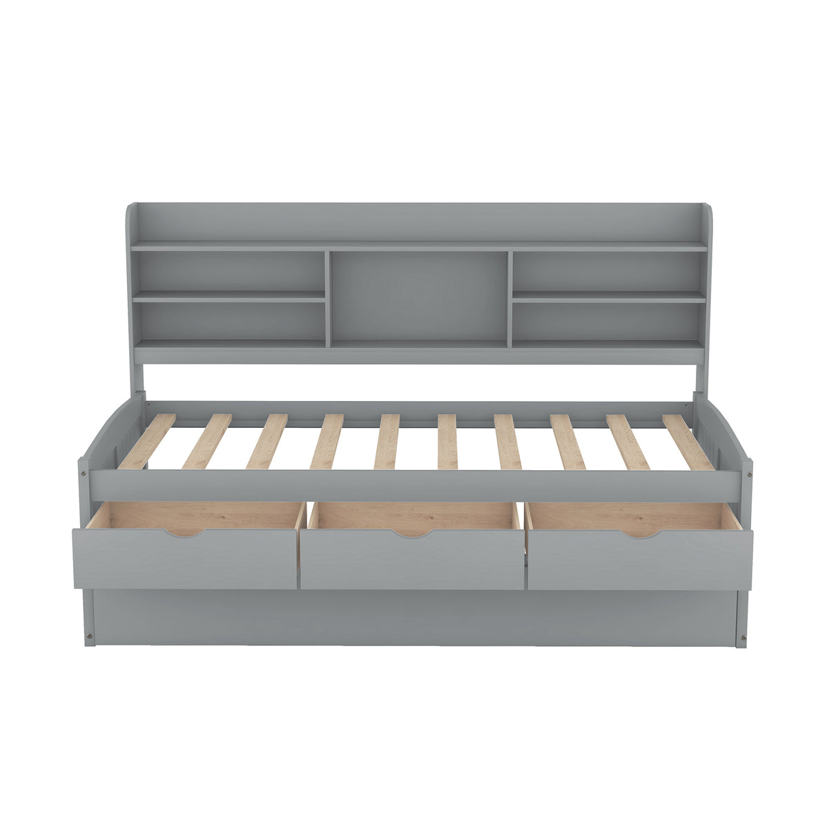 Twin Size Wooden Captain Bed with Built-in Bookshelves,Three Storage Drawers and Trundle Light Grey