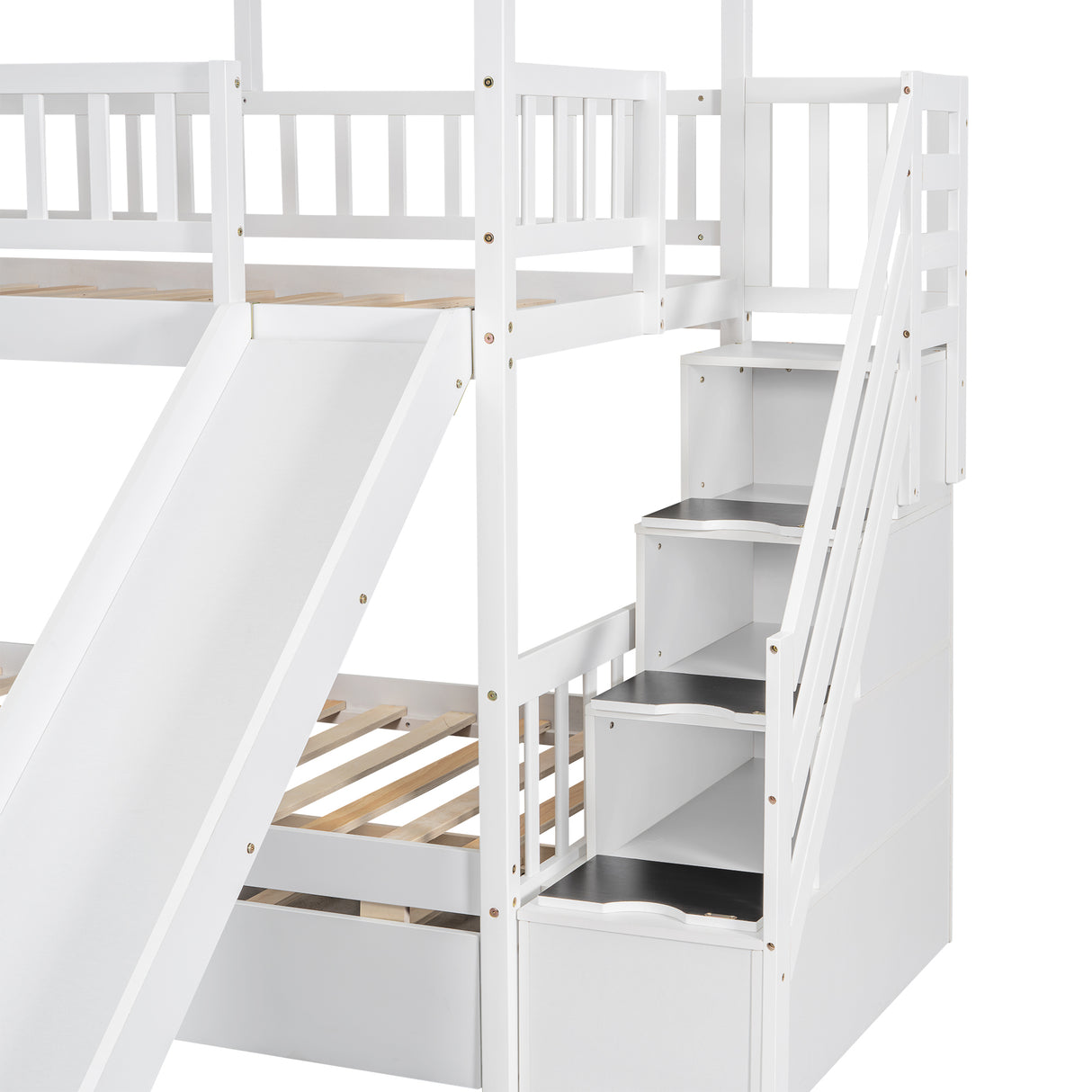 Twin over Twin House Bunk Bed with Trundle and Slide Storage Staircase Roof and Window Design White