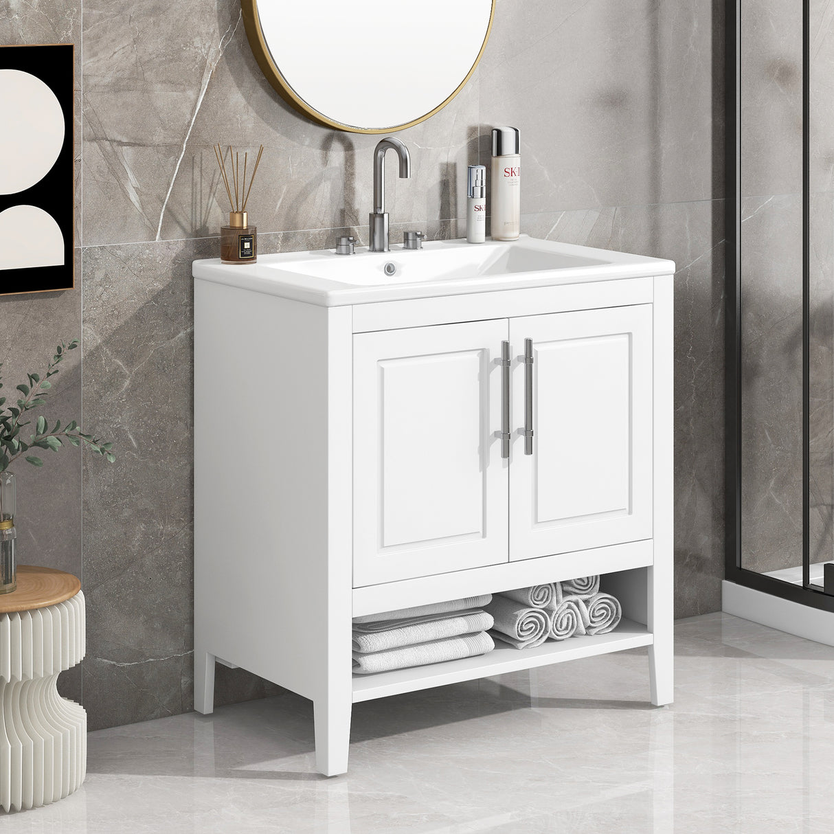 30" Bathroom Vanity with Sink Multi-functional Bathroom Cabinet with Doors and Drawers Solid Frame and MDF Board, White - V.I.P Digital Presence
