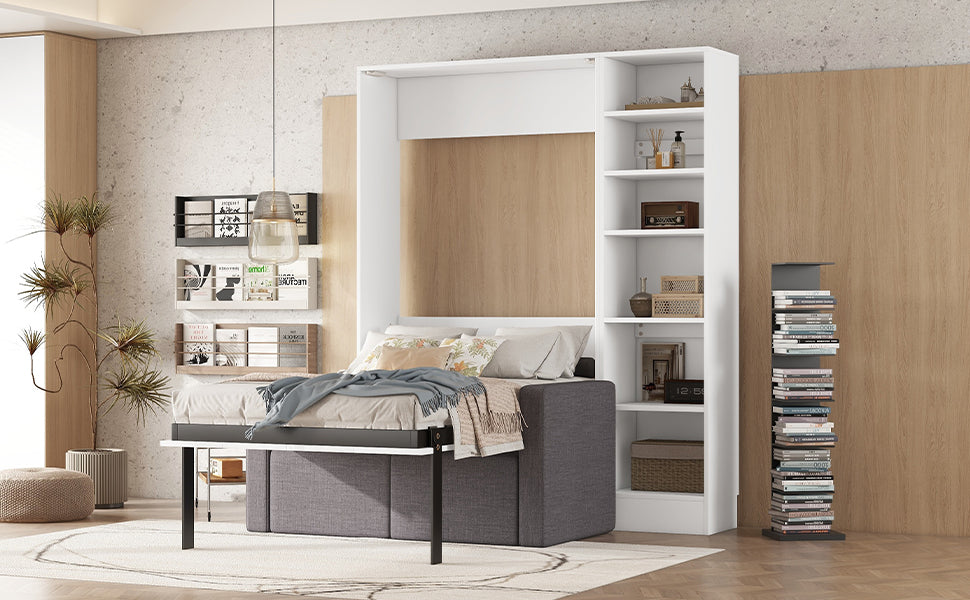 Twin Size Murphy Bed Wall Bed with Sofa,with Shelves,White - V.I.P Digital Presence