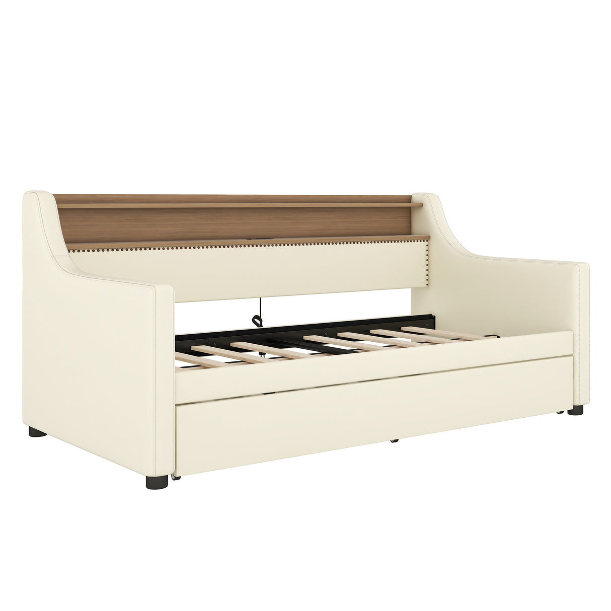 Twin Size Daybed with Trundle, Upholstered Daybed with Charging Station and LED Lights, White