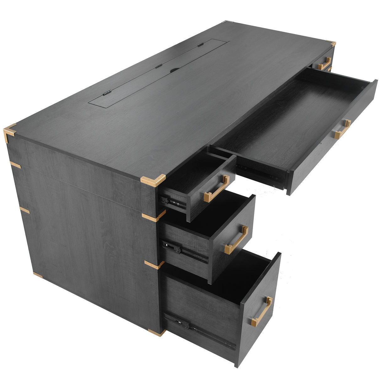 70 inch classic and traditional executive desk with metal trim, writing desk with 2 file drawers, USB ports, and sockets, black - V.I.P Digital Presence